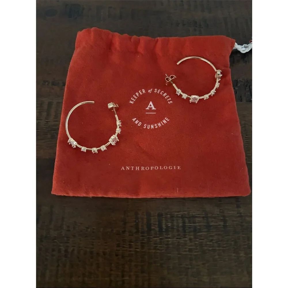 Anthropologie Gold Hoop Earrings with Clear Stones NEW